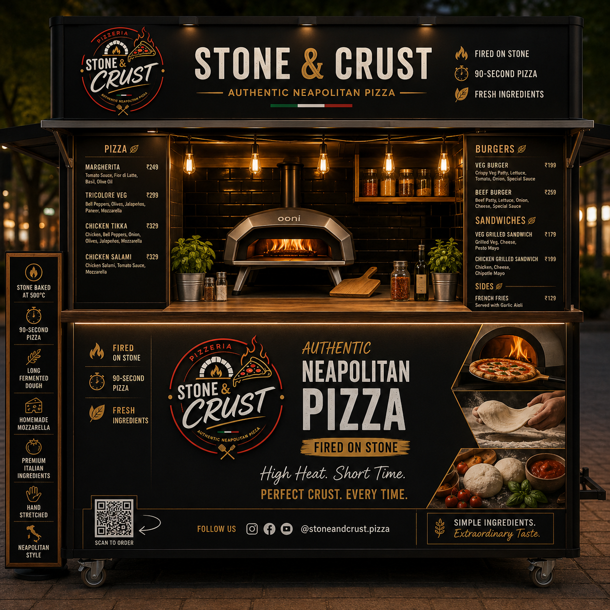 Stone & Crust artisan pizza stall glowing at night
