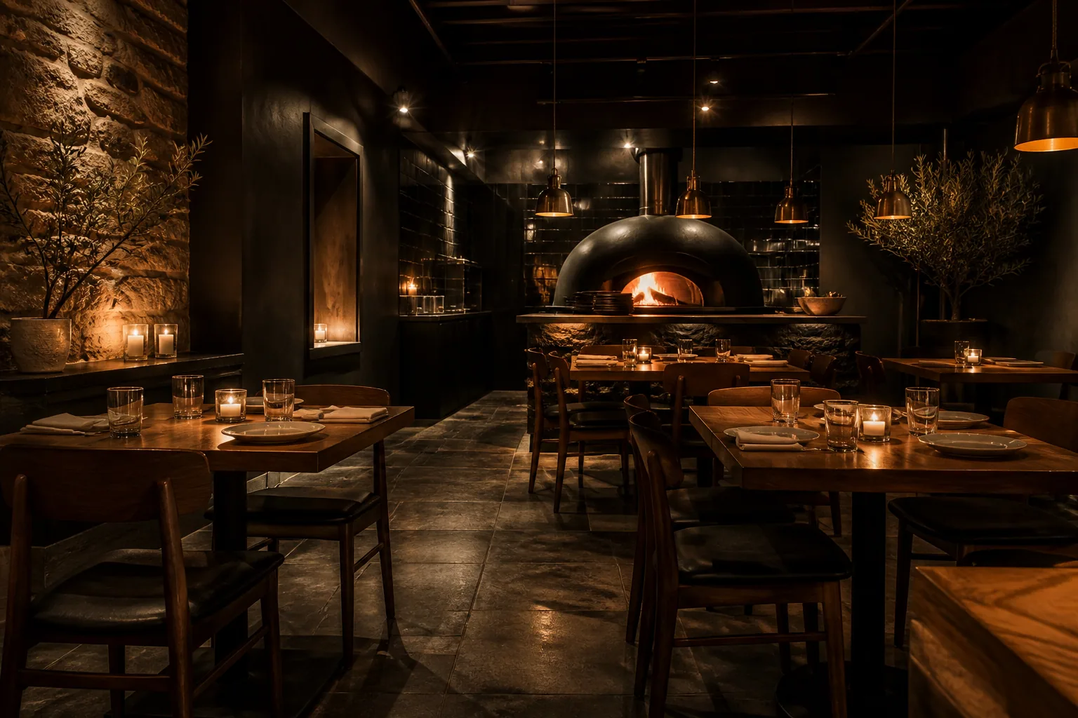 The Stone & Crust dining room in the evening